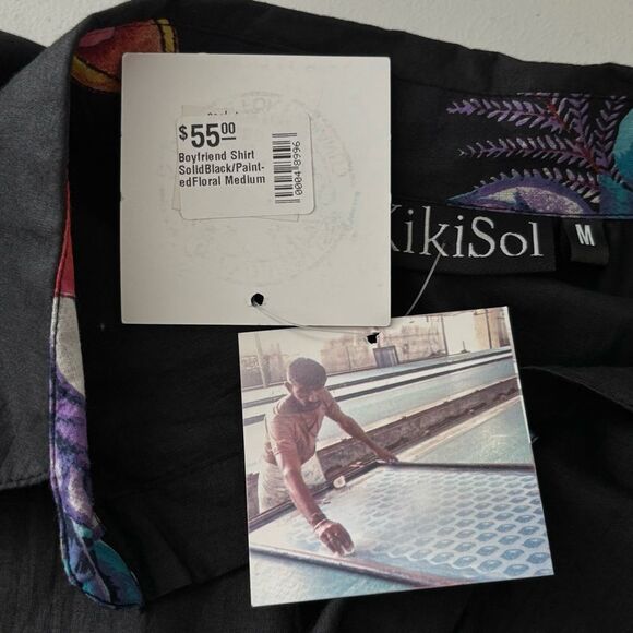 NWT KikiSol Womens M Black Floral Cotton Shirt Button Down Boho Resort Vacation - Picture 10 of 15